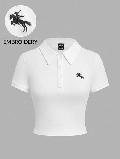 SHEIN EZwear 女士休闲白色马球领刺绣马术短袖 T 恤