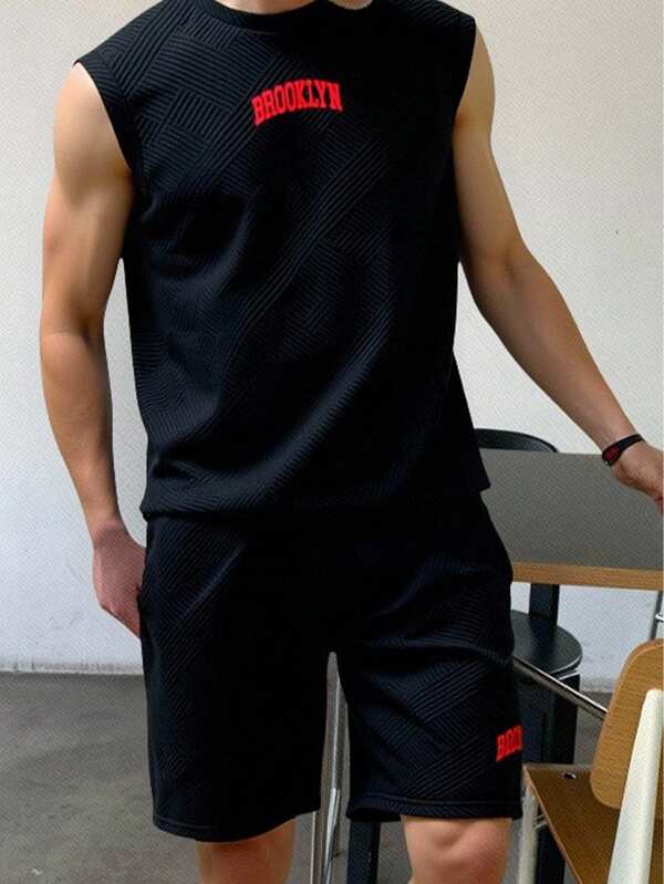 SHEIN Set de 2 piezas para adolescentes varones, top de tirantes ancho y pantalones cortos informales, estilo callejero hip-hop punk rock, apropiado para primavera/verano, festivales de música, fiesta, uso diario