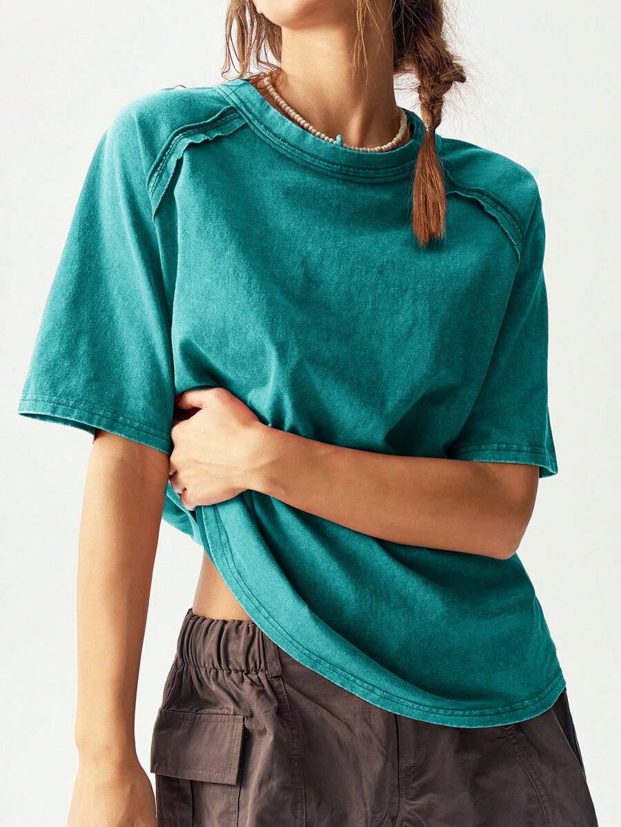 Bohemela Áo thun dệt kim cổ tròn tay ngắn màu trơn đơn giản thoải mái cho nữ - Màu xanh lam - Xem 1