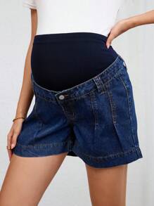 SHEIN Short vaquero casual con pliegues de embarazo de color azul oscuro