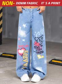 SHEIN Pantalon droit décontracté non en denim avec graphique de lettre tissé pour préadolescentes