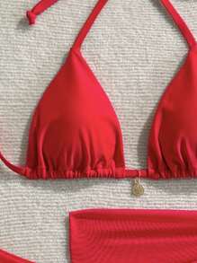 Zestiva Women's Solid Color Metal Pendant Halter Tied Backless Sexy Red Bikini 3pcs Swimsuit Set For Beach/Resort For Summer Beach Vacation - Red - View 5