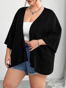 SHEIN CURVE+ 秋冬季大码女式纯色七分袖宽松休闲开襟夹克/图案T恤