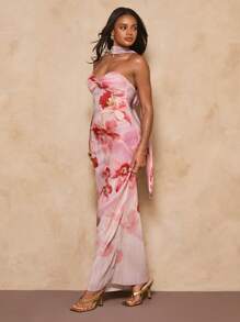 SHEIN BAE 女士花卉印花扭纹设计优雅抹胸连衣裙 - 粉色 - 查看 5