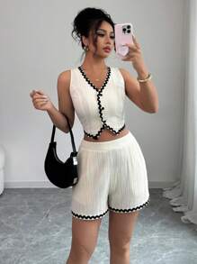 Chiquease Color Block Wavy Tape Casual & Office Lady Simple Style Ladies Suit Set, Spring/Summer - Apricot - View 1