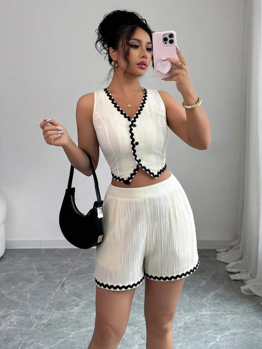 Chiquease Color Block Wavy Tape Casual & Office Lady Simple Style Ladies Suit Set, Spring/Summer - Apricot - View 1