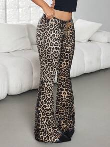 Jeanoix Women's Leopard Print Lace-Up Skinny Flare Jeans