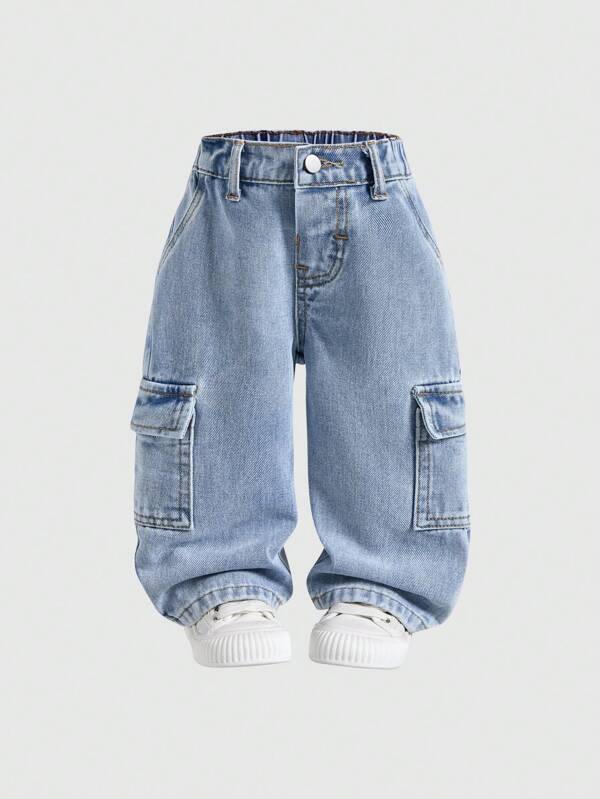 Baby Boy Cool Street Style Fashionable Washed Effect Cargo Pocket Loose Fit Light Blue Denim Jeans