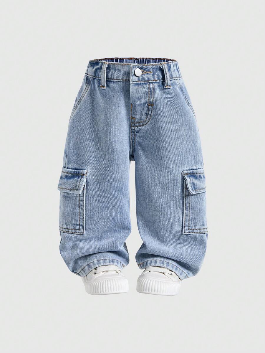 SHEIN Baby Boy Cool Street Style Fashionable Washed Effect Cargo Pocket Loose Fit Light Blue Denim Jeans - Light Wash - View 1