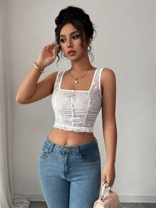 SHEIN Clasi Top de tirantes con encaje y plisado sexy para mujer - Blanco - Ver 6