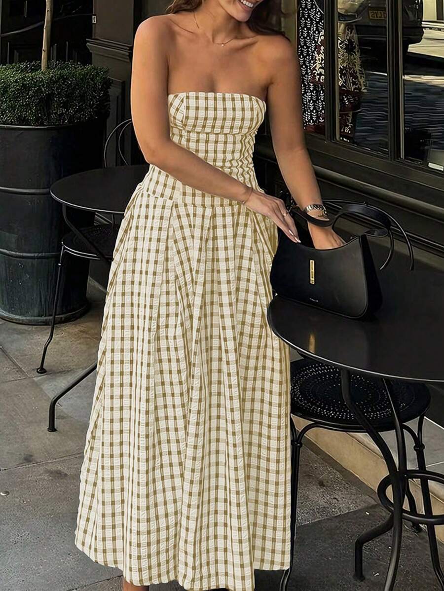 INAWLY Vestido estampado de cuadros sin tirantes para mujer - Caqui - Ver 1