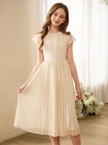 SHEIN Tween Girls' Lace Chiffon Princess Dress Pleated Sweet Flower Girl Wedding Gown