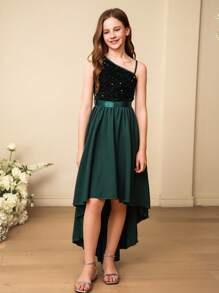 SHEIN Tween Girls Solid Color Asymmetric Neckline Glitter Patchwork Asymmetrical Formal Dress, Perfect For Performances, Weddings, Flower Girls, Parties And Birthday Celebrations - Green - View 6