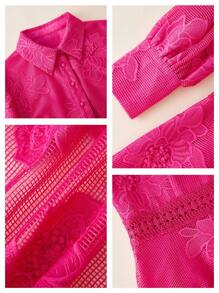 Anewsta 女士优雅度假翻领单排扣灯笼袖收腰重工刺绣 3D 花卉长裙，适合春季、夏季、节日、毕业典礼 - 玫紅色 - 查看 8