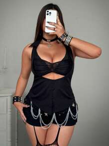 Flirla Blusas de talla grande con estilo grunge punk rave - Negro - Ver 3