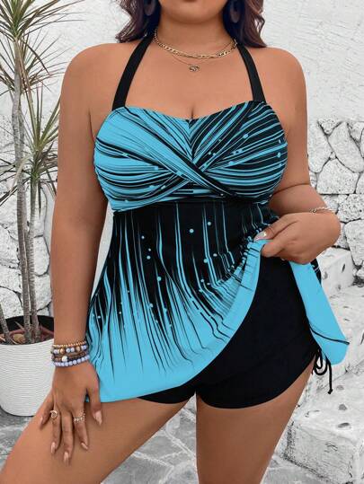 Swim Lushoire 加大码两件套服装，印花上衣和纯色高腰短裤，休闲风格细肩带交叉前宽松背心和抽绳短裤