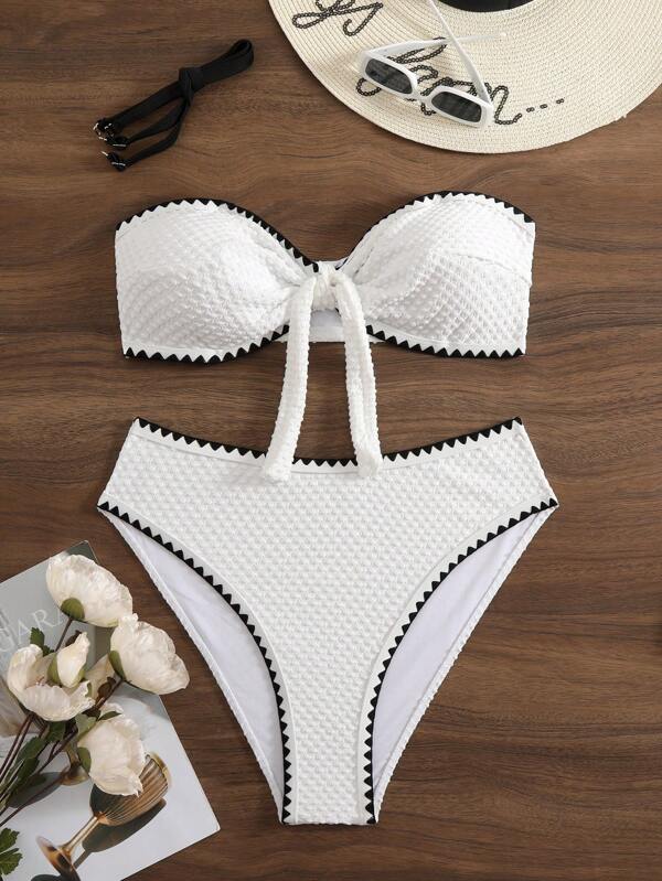 Swim Vcay Plus Size White Textured Fabric With Black Lettuce Hem Tie Front Sexy Bikini Set, Summer Holiday Style