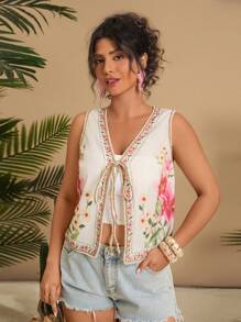 Travachic Plus Size Floral Print Sleeveless Casual Jacket - Beige - View 1