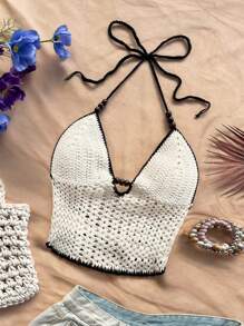 Soleia Women's White And Black Summer Boho Vacation Holiday Knitted Top,V-Neck Halter Tie-Up Open Back Bowknot Fitted Short Pearl Decor Resort Party Beach - White - View 6