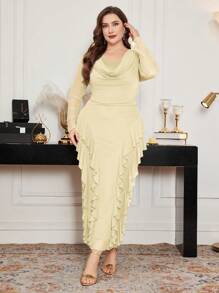 Modelyn Robe moulante élégante à col volant élastique en maille, grande taille, printemps/été - Jaune citron - Voir 6