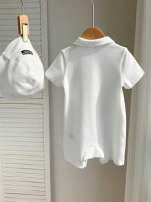 SHEIN Set de 2 piezas para bebé recién nacido niño/niña con trajecito de una pieza de manga corta con cuello y sombrero tipo sol con estampado retro de caballos, cómodo para interior, exterior, uso diario, deportes, juego, fiesta, sesión de fotos, vacaciones, primavera/verano