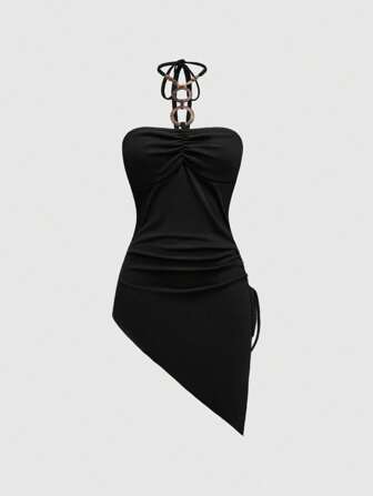 Women Asymmetric Ruffled Hem Strapless Blouse, Hippie Style