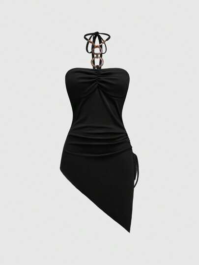 Women Asymmetric Ruffled Hem Strapless Blouse, Hippie Style