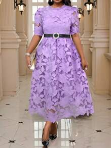 Fleurora Spring And Summer Autumn And Winter Elegant Commuting Wedding Valentine's Day Office Colorful Woven Lace Round Neck Flared Puff Sleeve Ruffle Neck Midi Short Sleeve Plus Size Dresses Holiday Outfits Classy Outfits Fall Clothes Curve - Purple - View 7