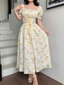 SHEIN PETITE Romantic Ditsy Floral Patchwork Lace Collar Puff Long Sleeve Cinched Waist Front Elegant Dress, Vacation Wear Vacation Outfits Women Skirt Women Birthday Outfit Women Dresses Birthday - Apricot - View 1