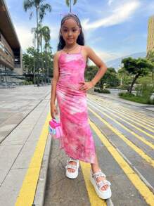 Tween-Mädchen Bedrucktes Lässig Kleid mit langen Trägern, bequem und vielseitig für den Alltag