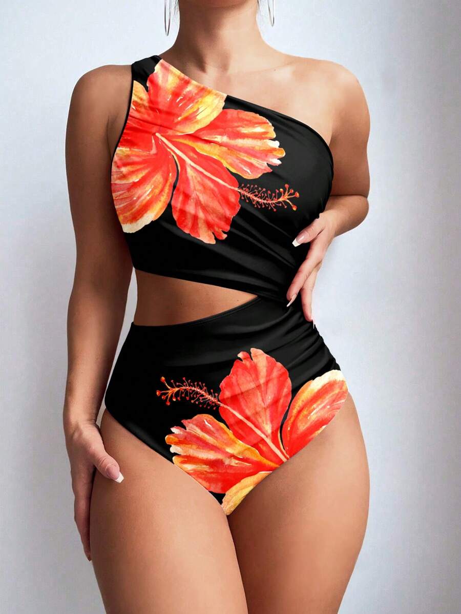 Swim Lushoire 1 件女式连体泳衣,不对称肩部,纯色拼布印花,无袖,休闲舒适,适合假日游泳 - 彩色 - 查看 1