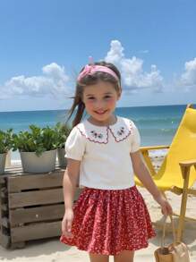 SHEIN Young Girls' Vacation Casual Ditsy Floral Embroidery Puff Sleeve Shirt + Ruffle Hem Mini Skirt 2 Pieces Set