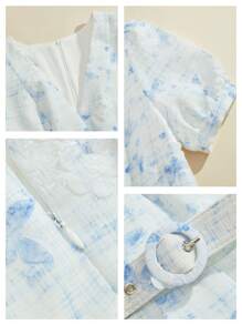 Anewsta 优雅碎花泡泡袖 V 领束腰中长连衣裙，法式度假风格，适合春夏季、节日、毕业典礼 - 藍色 - 查看 8