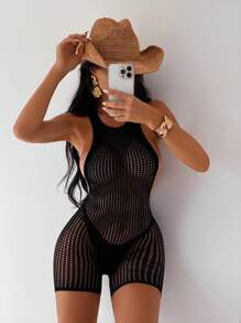 Swim SXY 女式无袖镂空后背网眼迷你连衣裙，休闲性感海滩度假泳衣罩衫 - 黑色 - 查看 3