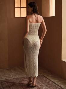 MOTF PREMIUM Vestido cubre pareo con escote halter, abertura en muslo y diseño calado a ganchillo