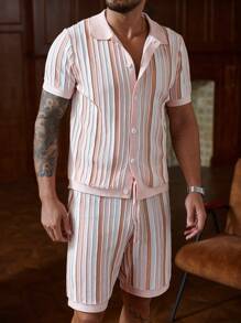 Manfinity Homme Men Men Striped Pattern Knit Top 2 Pieces Set, Summer - Multicolor - View 6