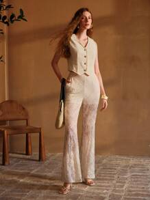 MOTF PREMIUM LACE BUTTON PLACKET LIGHTWEIGHT BLAZER WAISTCOAT - Apricot - View 4