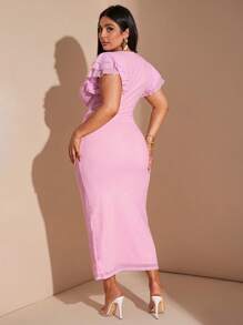 SHEIN BAE Plus Size Women's Spring And Summer Pink Mesh Print Tight V-Neck Dress, Long, Slim, Modified Arm Dress, Concert Outfit Women, Summer Outfits, Concert Outfit Women, Country Concert Outfit, Elegant, Vacation Outfits Woman, Vacation; Western Wear Women, Plus Size Women Elegant Large Floral Mesh Print Bodycon V-Neck Dress, Long Length, Fitted, Arm Flattering, Suitable For Daily, Outing, Date, Afternoon Tea, Vacation, Spring/Summer, Back To School Season Dresses For Women Elegant Women Formal,Birthday Dresses For Women,4th Of July Curve,Graduation,Wedding Guest Dress Women - Pink - View 7