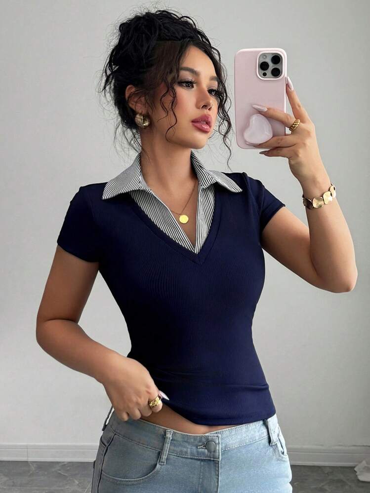 Rafferiza Women's Casual Commuter Elegant Business Casual Vacation Comfortable Mature Elegant Sexy V-Neck Stripe Splice 2 In 1 Blue Ribbed Fabric High Elastic Slim Fit Short Sleeve T-Shirt, Spring/Summer - Royal Blue - View 3