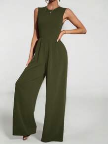 SHEIN Tall 休闲优雅无袖阔腿黑色连体裤 - 軍綠色 - 查看 6