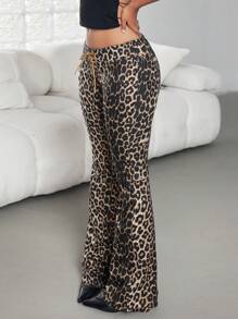 Jeanoix Women's Leopard Print Lace-Up Skinny Flare Jeans