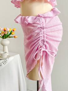 Soleia 波西米亚风、浪漫花卉、度假风、花卉图案七月四日服装夏季两件套狂欢节服装节日新年夜服装/保暖服装/滑冰服装约会之夜服装度假服装女士度假灵感针织纹理不对称肩部荷叶边下摆粉色女式上衣+针织纹理褶裥不对称下摆粉色女式半身裙 - 粉色 - 查看 3