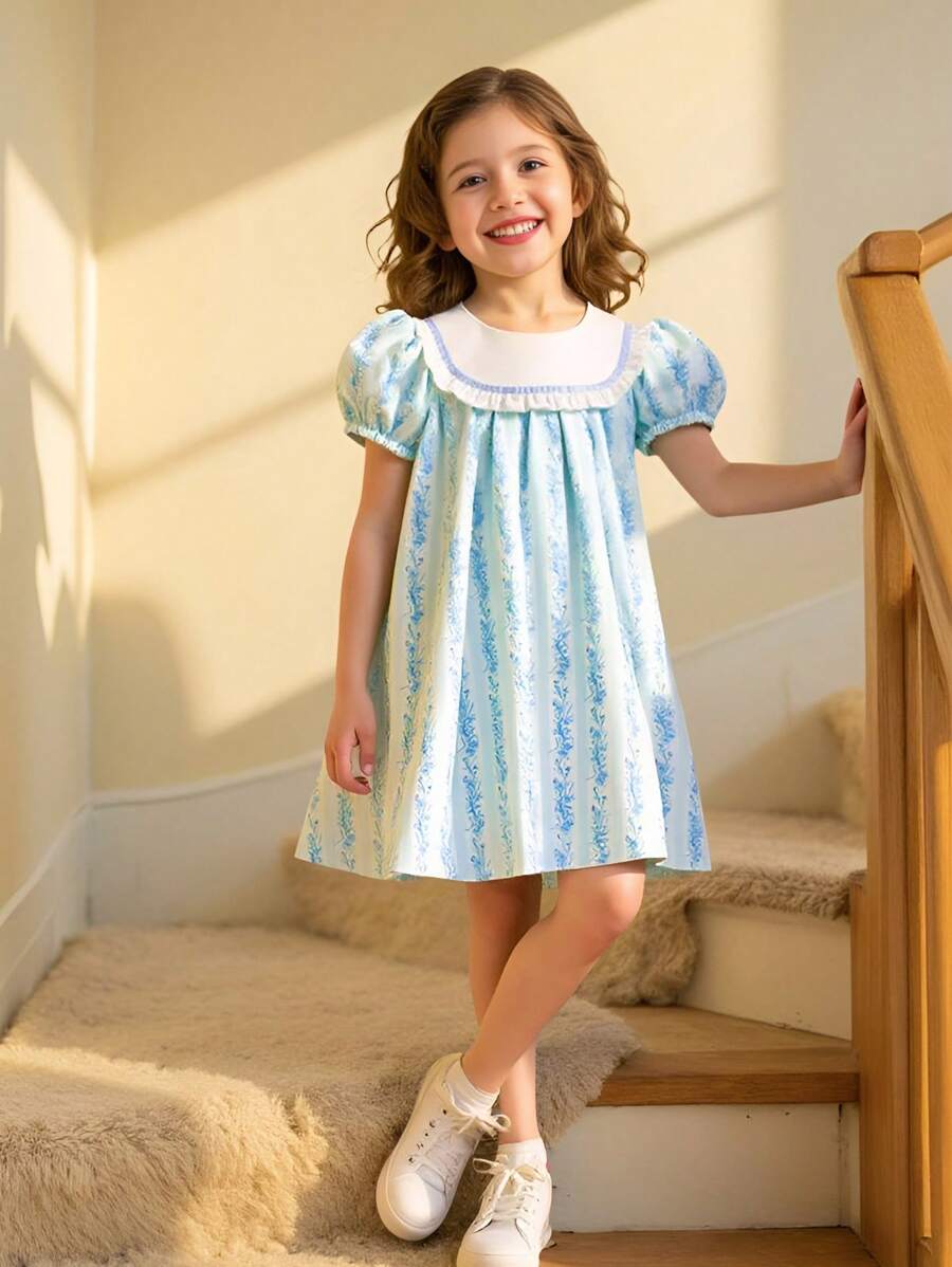 SHEIN Young Girl Rustic Ditsy Floral Color Blocking Ruffle Collar Dress, And Sweet, Suitable For Summer, Suitable For Picnic - Multicolor - View 1