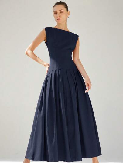 Aveloria Modichic 优雅通勤无袖性感褶皱低腰荷叶边下摆设计超长红色连衣裙，适合女士，情人节