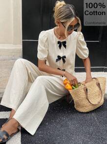 Serisse 2 件套女士圆领泡泡袖衬衫配蝴蝶结装饰和长裤，夏季服装女士夏季套装夏装女士夏季衬衫女士服装 - 杏色 - 查看 1