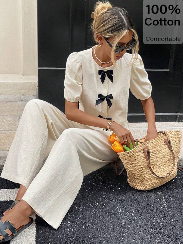 Serisse 2pcs/Set Women's Round Neck Puff Sleeve Blouse With Bow Decor And Long Pants, Summer Outfit Women Summer Sets Summer Clothes Women Summer Shirts Women Clothes