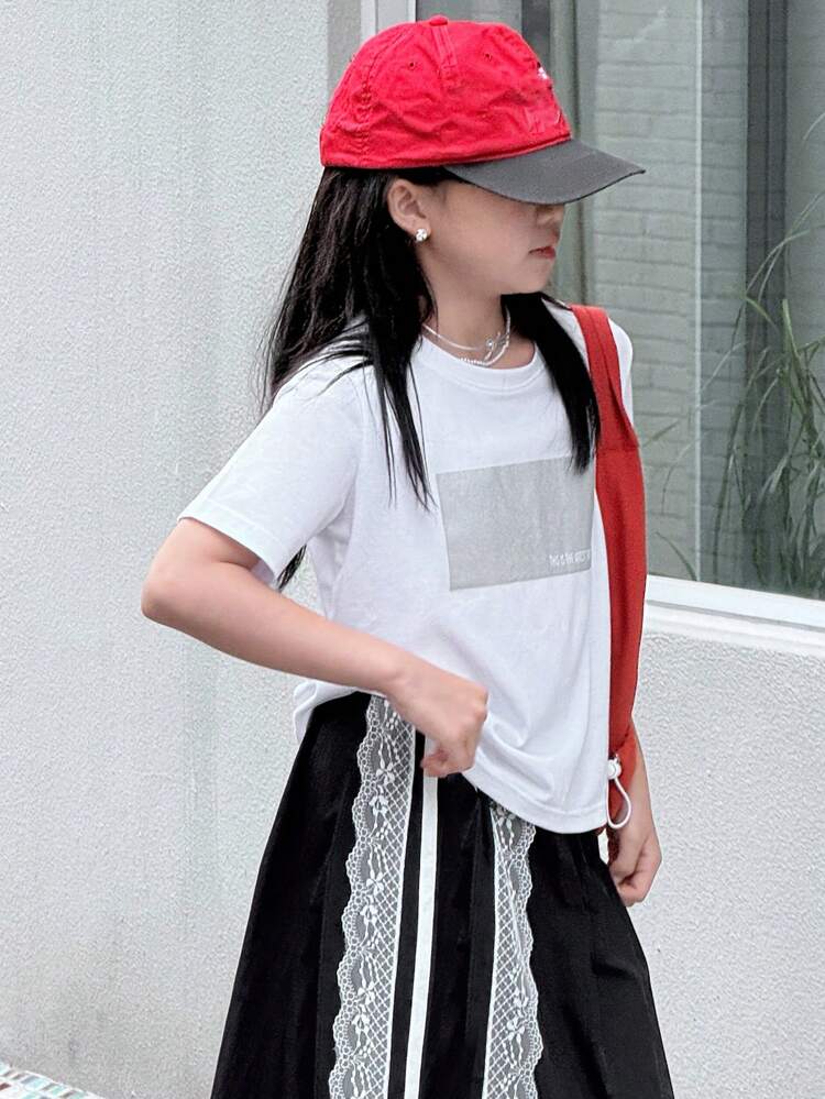 Tween Girls' Geometric Print Round Neck Loose Short Sleeve Casual T-Shirt, Summer,Back To School Clothes