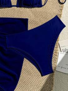 Swim Vcay 3Pcs/Set Solid Color Bikini Set For Beach/Holiday For Summer Beach Vacation - Navy Blue - View 4