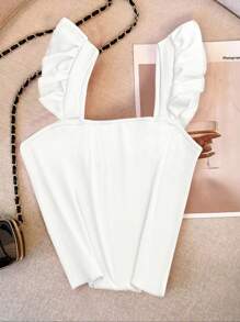 Franclia Solid Ruffle Trim Ribbed Knit Cami Top