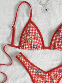 Swim Mod Springbreak Women Gingham & Ditsy Floral Random Print Spaghetti Strap High Cut Shorts Sexy Bikini Sets, Summer Beachwear For Young Ladies
